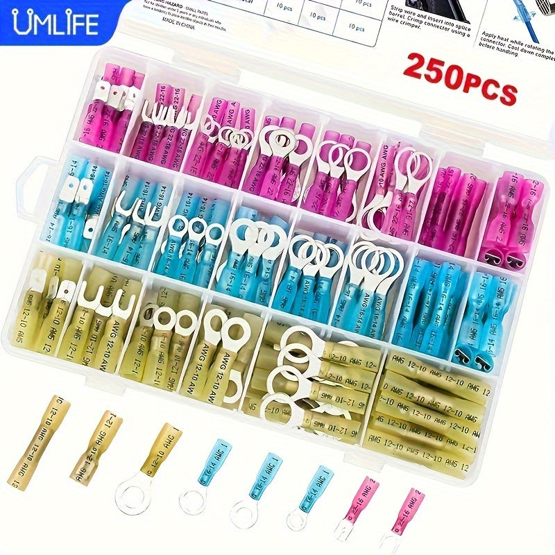 UMLIFE 250pcs Heat Shrink Wire Connectors, Waterproof Automotive Marine Electrical Terminals Kit, Crimp Connector Assortment, Ring Fork Spade Splices