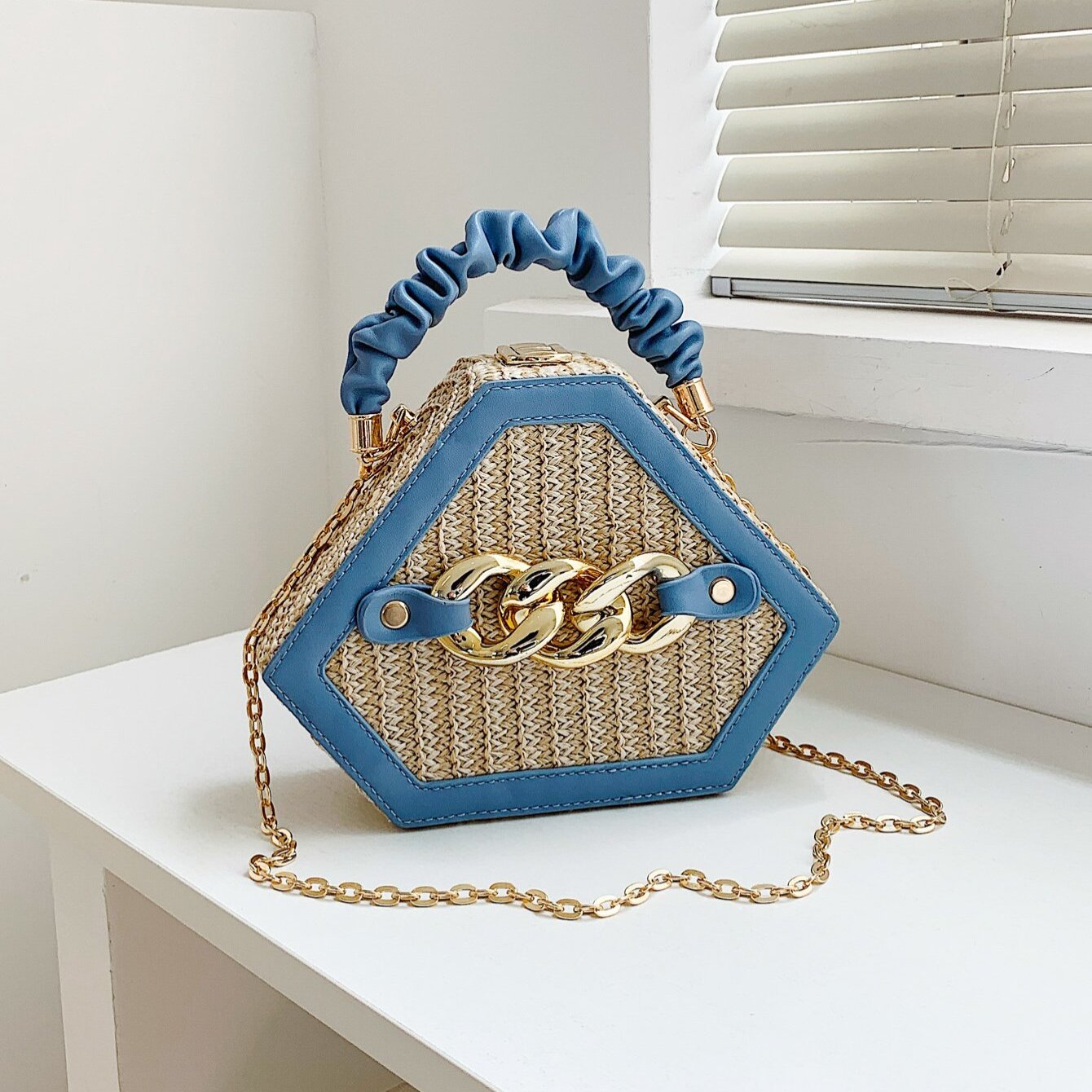 Trendy Chain Handbag, Fashion Top Handle Straw Box Bag, Women's Vacation Style Purse