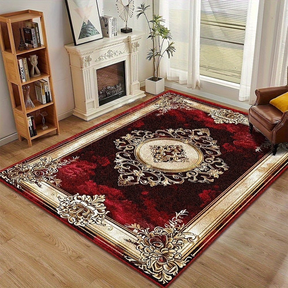 1pc Luxury Large Rectangular Mat - Burgundy & Golden Elegant Design, Soft Flat Weave Area Mat with Non-Slip Rubber Backing, Deep Red/Black/Golden/Beige/Brown Tones for Living Room, Bedroom, Office, Wedding & Father's Day Deco