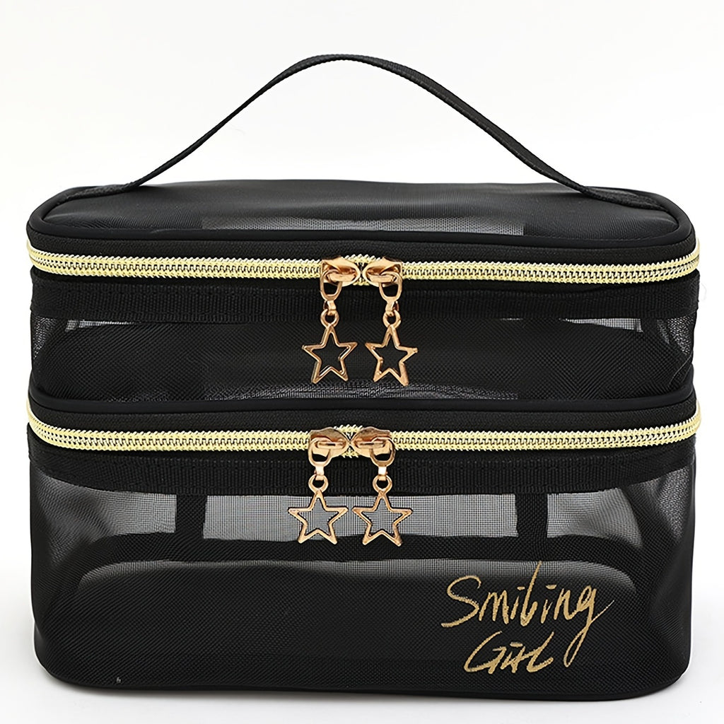 Double Layer Makeup Clear Mesh Purse Toiletry Cosmetic Bags Womens Portable Organizer Travel Size Beach Tote, Zipper Makeup Storage Vacation Must Haves