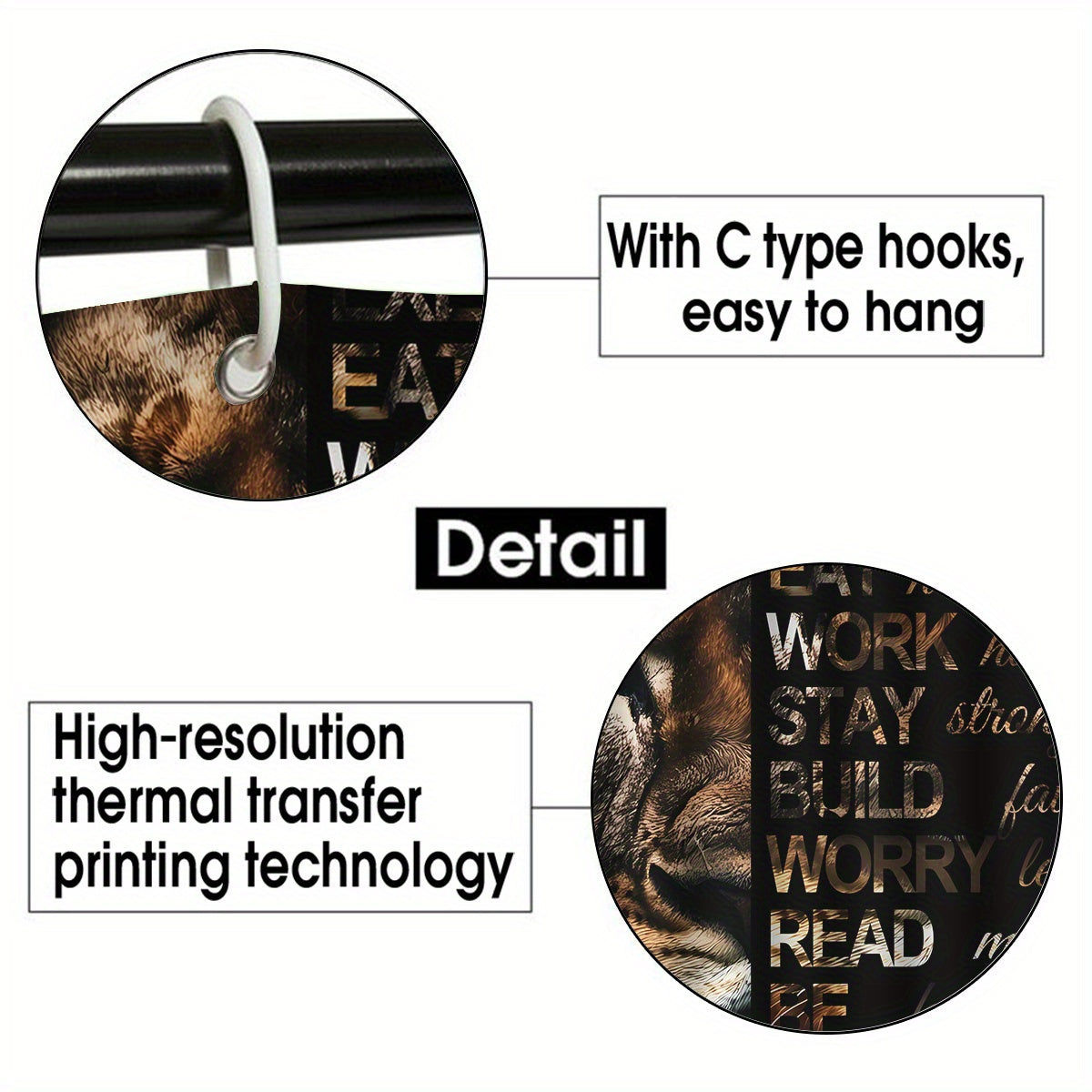 4pcs Powerful Lion Shower Curtain Set, Golden African Safari Animals Masculine Male Cool Bathroom Sets with Shower Curtain and Rugs, Motivational Inspirational Quotes Shower Curtain with Bath Mat Set and 12 Hooks, Shower Curt