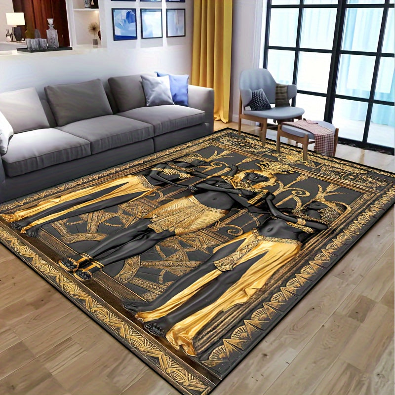 Egyptian Three Golden Men Carpet - Machine Washable Luxury Mat with Golden & Design, Rectangular Floor Mat for Living Room, Bedroom, Office, Outdoor - Durable Polyester Home Decor Mat, Rugs For Living Room, Bedroom Accent, El