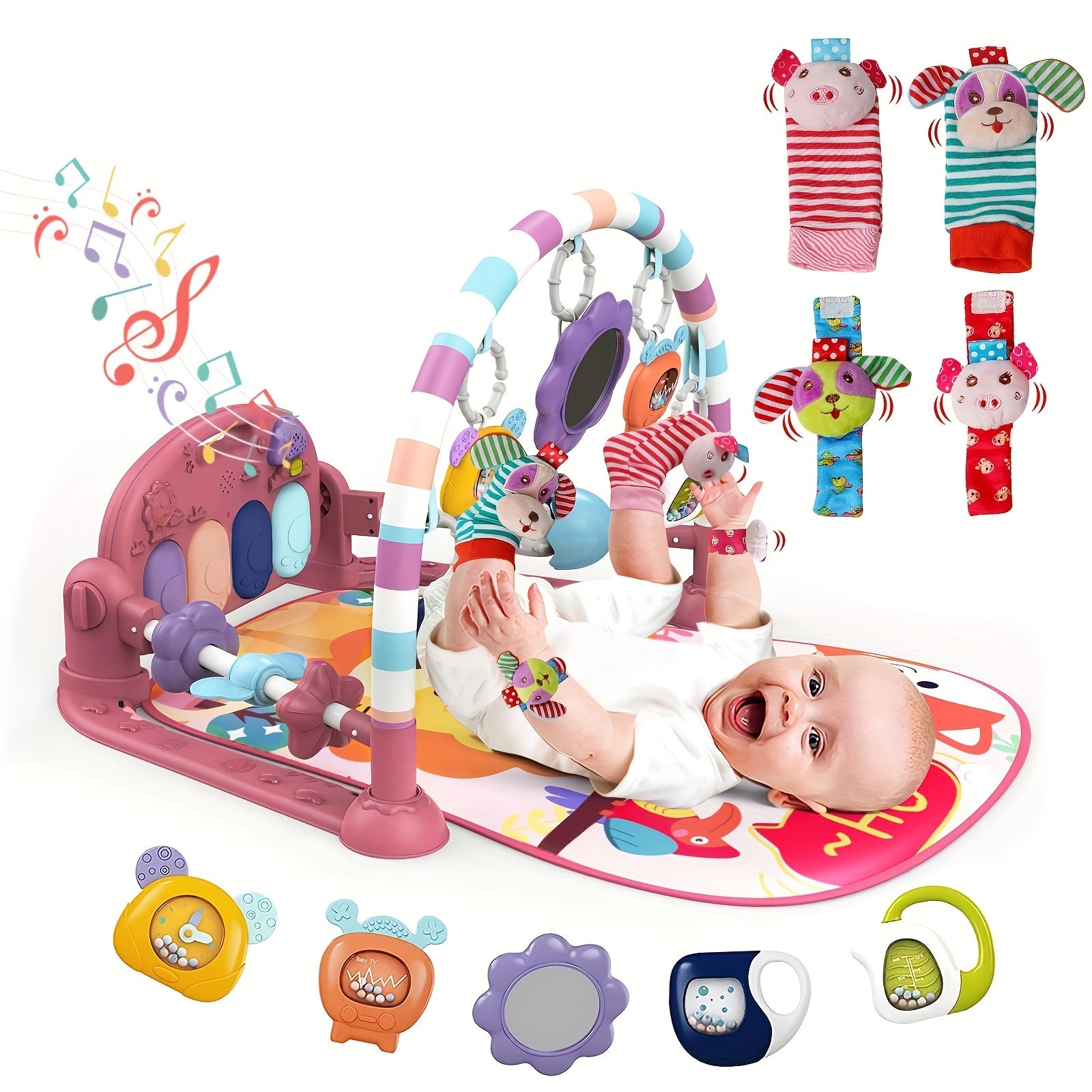 Play Game Mat, Funny Play Piano Tummy Time Activity Mat With 5 Toys & 4 Wrist Baby Rattle Socks, Boy & Girl Gifts