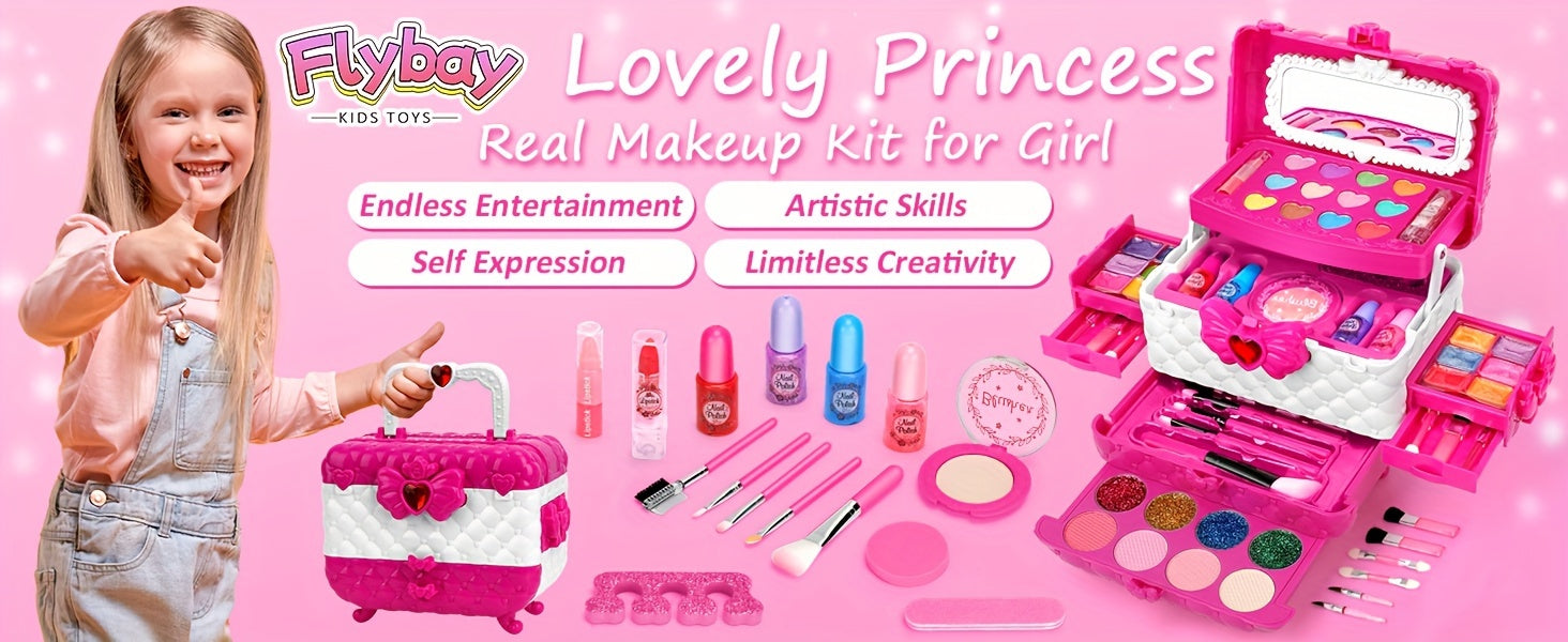 54PCS Washable Real Makeup Set for Kids, Little Girls Makeup Toys, Ideal Christmas Gifts, Toddler Toys for Halloween