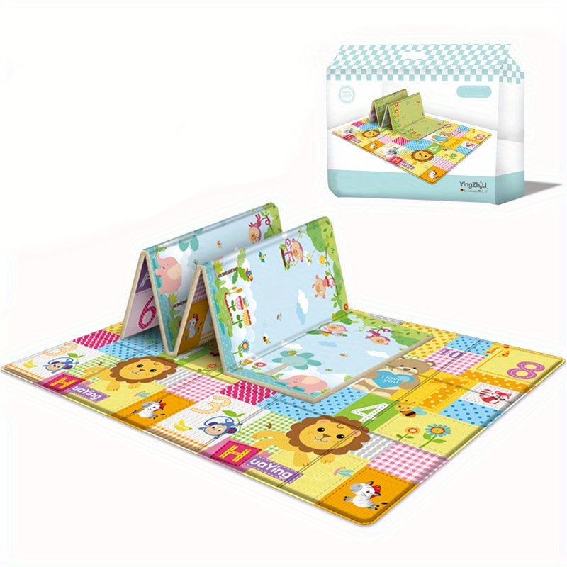 Double-Sided Foldable Kids Play Mat, Waterproof Non-Slip Crawling Rug with Cartoon Patterns, Indoor Educational Activity Surface Foam Floor Game Pad for Children's Room