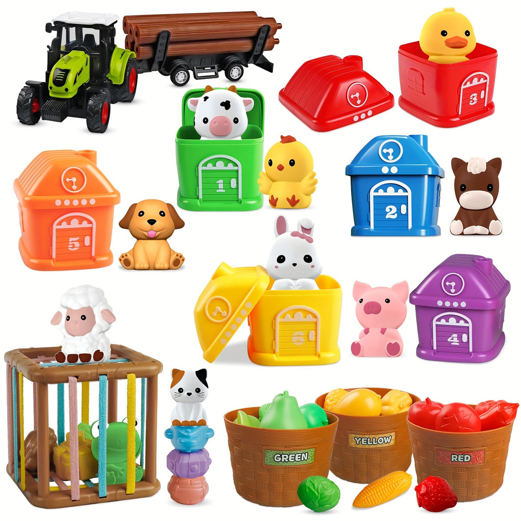 Montessori Toys For 1 2 3 Year Old Kids, 4 In 1 Farm Animals Barn Toys For Toddlers 1-3, Veenggie Sorting Set, Farm Tractor With Trailer, Stacking Toys Gift For Baby Boys Girls