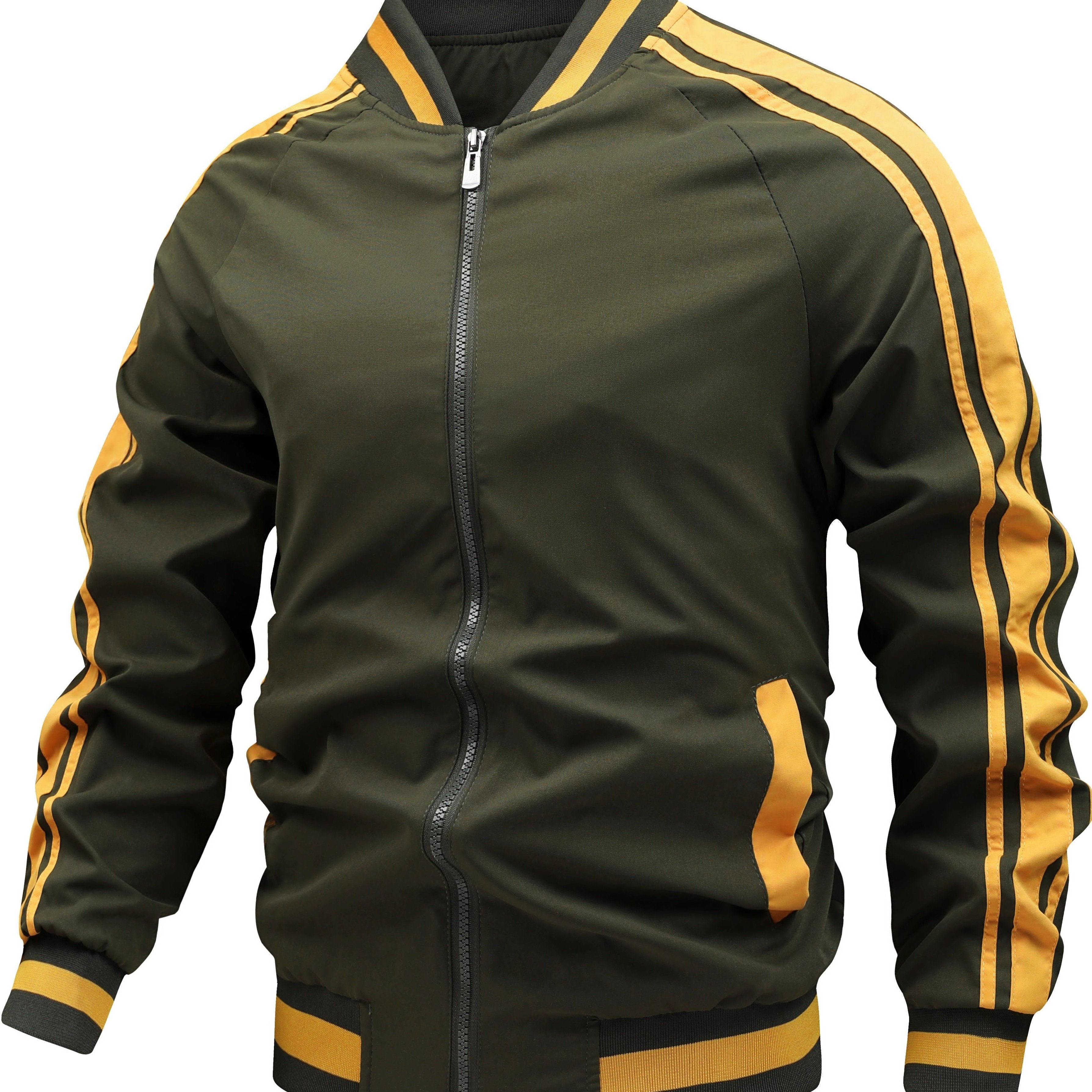 Men's Color Block Graphic Sports Jacket, Casual Striped Zip Up Varsity Jacket For Outdoor Fall Winter