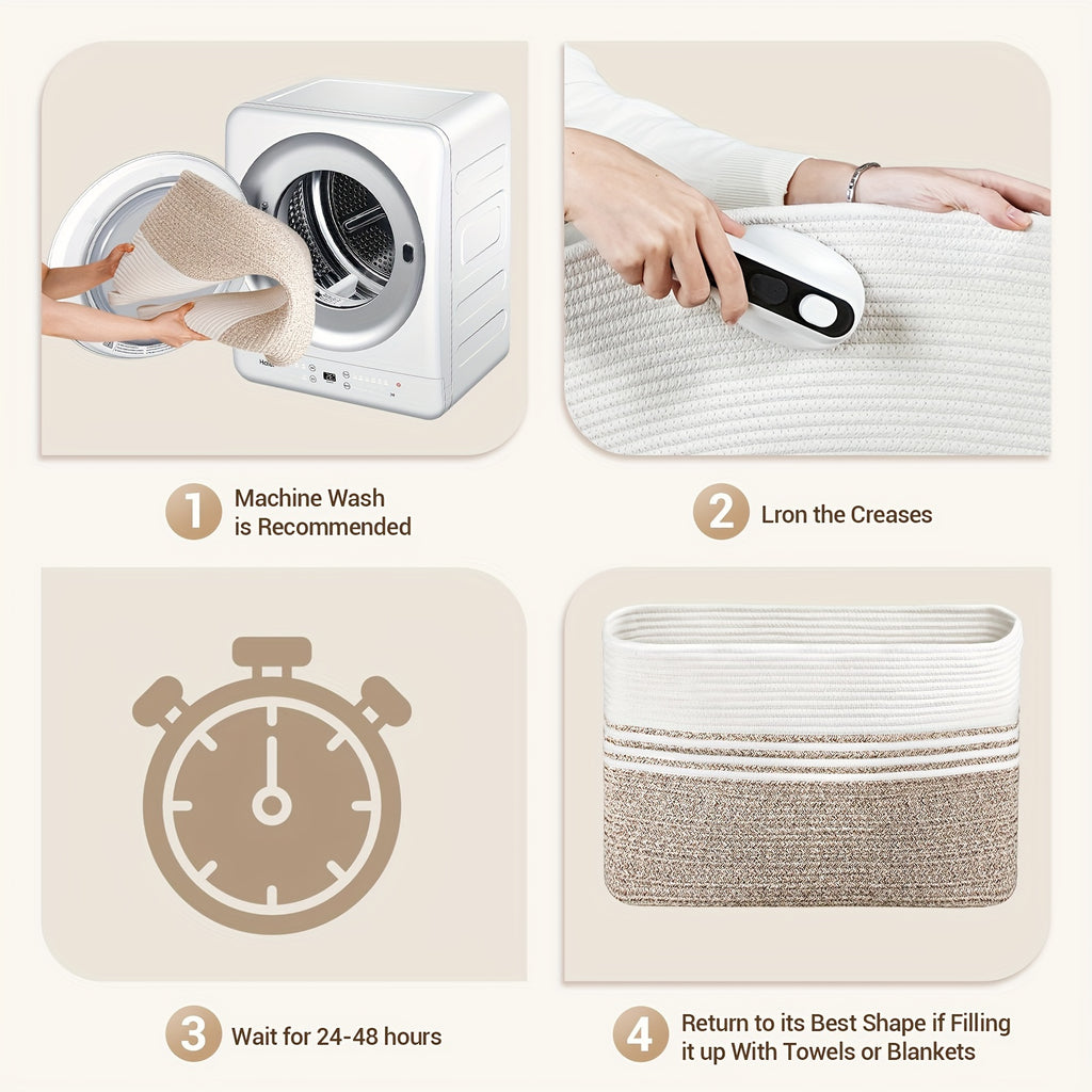 Sowyem Large Blanket Basket, Woven Basket For Storage Rectangle Dirty Clothes Basket For Laundry