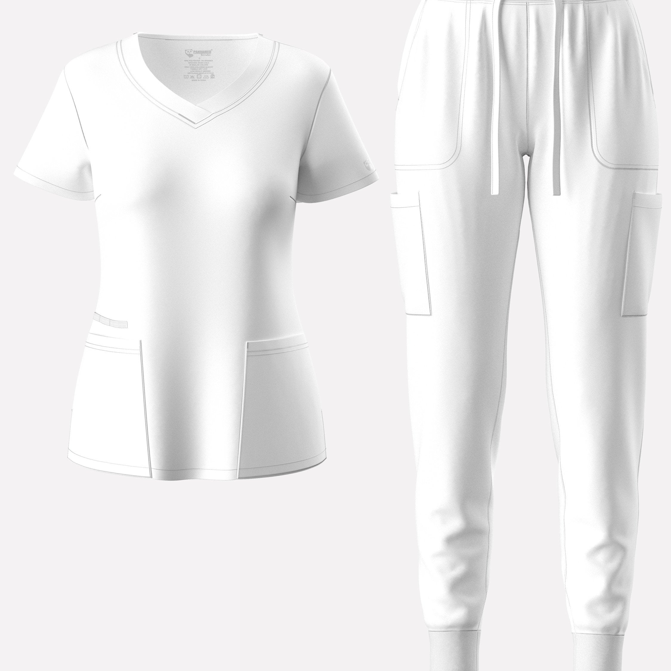 two-piece Elegant Two-Piece Scrub Set for Women: Short Sleeve V Neck Top & Drawstring Pants