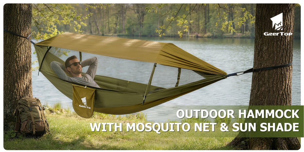 [3-in-1 Hammock] GEERTOP 3-in-1 Outdoor Hammock | Double Sleep Rest Camping Hammock with Mosquito Net Sun Shelter for Backpacking Travel Garden Park