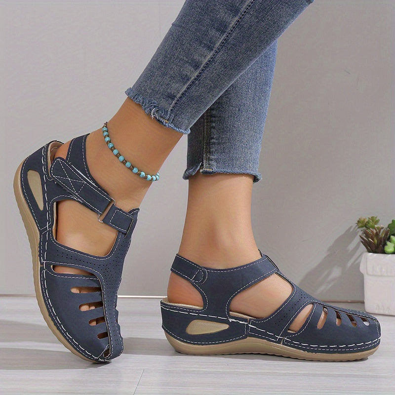 Women's Platform Sandals, Closed Toe Round Toe Solid Color Ankle Strap Sandals, Women's Hook And Loop Shoes