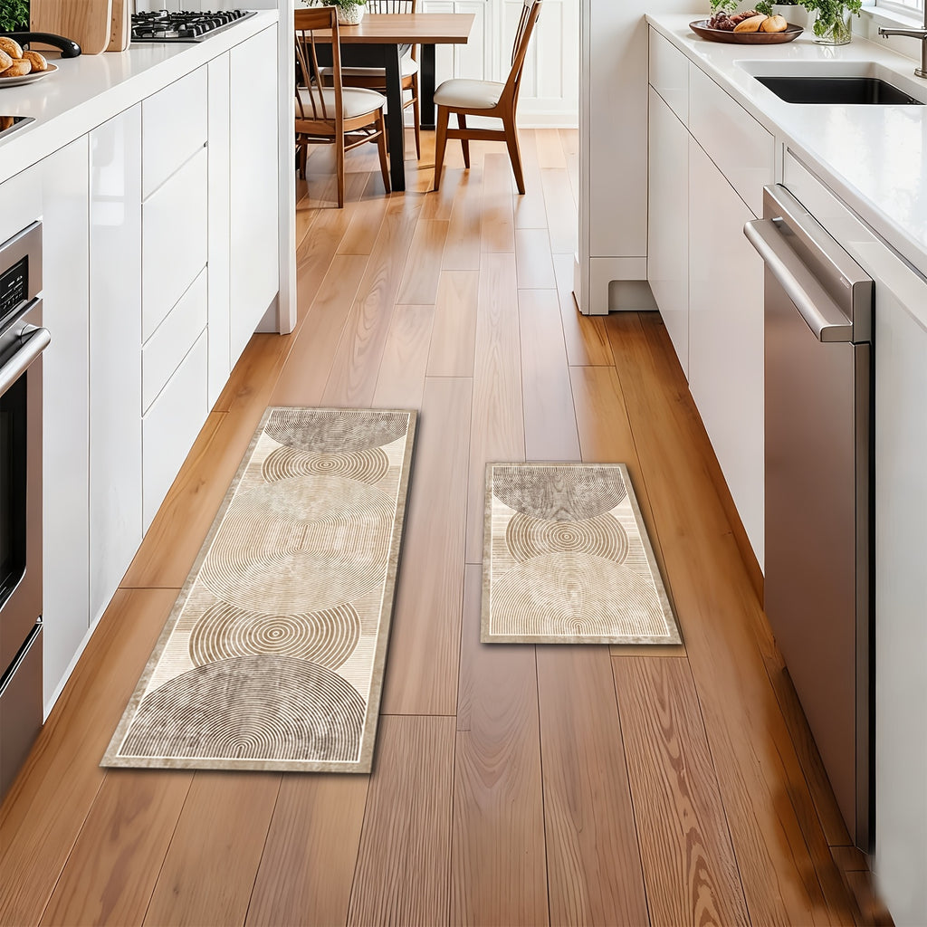 2pcs Beige/Brown Diatomite Kitchen Rugs - Soft Quick-Dry Absorbent Runner Mats with Beige/Brown/Gray Striped Pattern, Non-Slip Rubber Backing, Machine Washable Mat for Hallway, Bathroom, Laundry Room & Sink Areas (Modern Beig