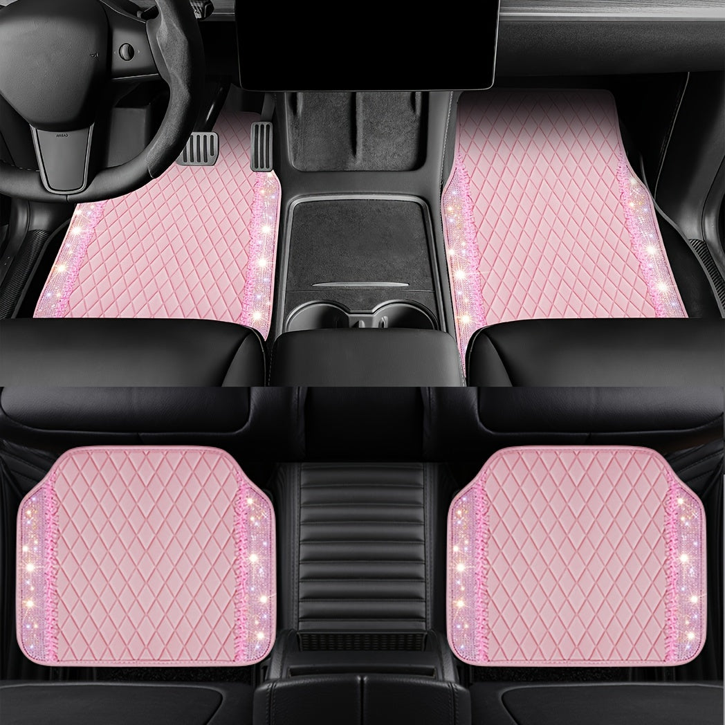 PU Leather Car Mats, Beautiful Fabric Pattern Decoration, Shining Diamond Floor Mats