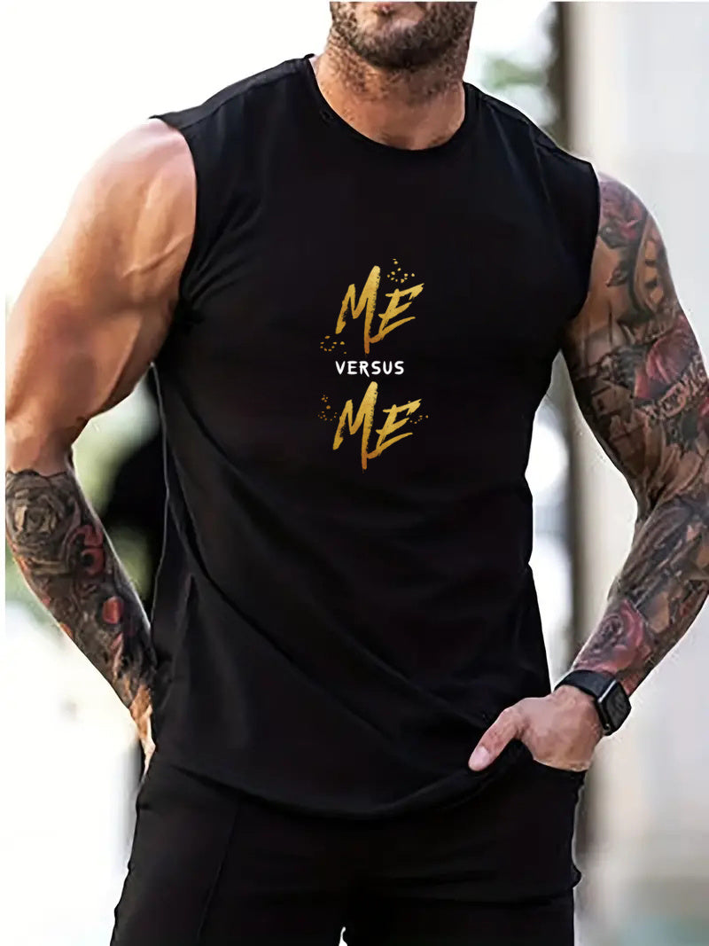 ME VERSUS ME' Round Neck Cotton Graphic Vest, Casual Sports Sleeveless Tank Tops, Men's Summer Clothing