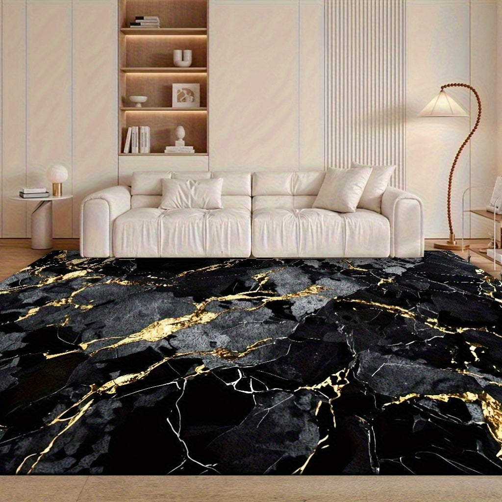 Velvet Area Mat with Luxurious Black and Golden Marble Pattern – Soft, Thick, Non-Slip, Machine Washable for Living Room or Bedroom Decor, Lightweight Polyester Fiber, Rectangular Shape, Perfect for Holidays like Christmas