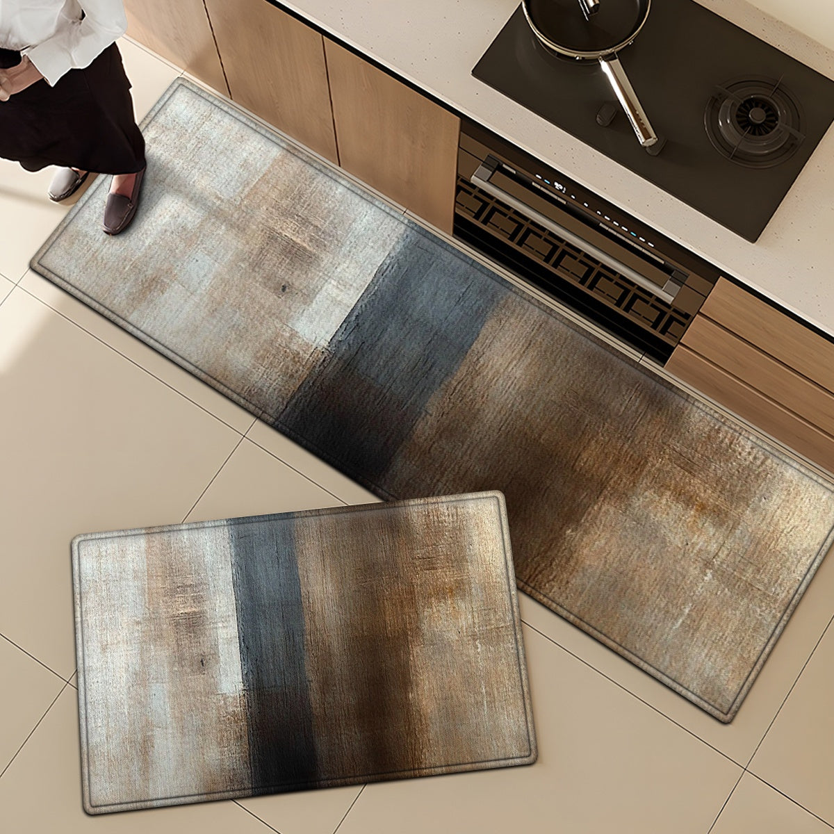 1/2/3pcs Warm brown, rice white, light gray block, abstract art style Flannel Soft Kitchen Rugs Non Slip Washable, Throw Rug, Non-Skid Runner Rug, Floor Mat, Doormat, Living Room Laundry Bathroom Water-absorbing Mat Set, Area