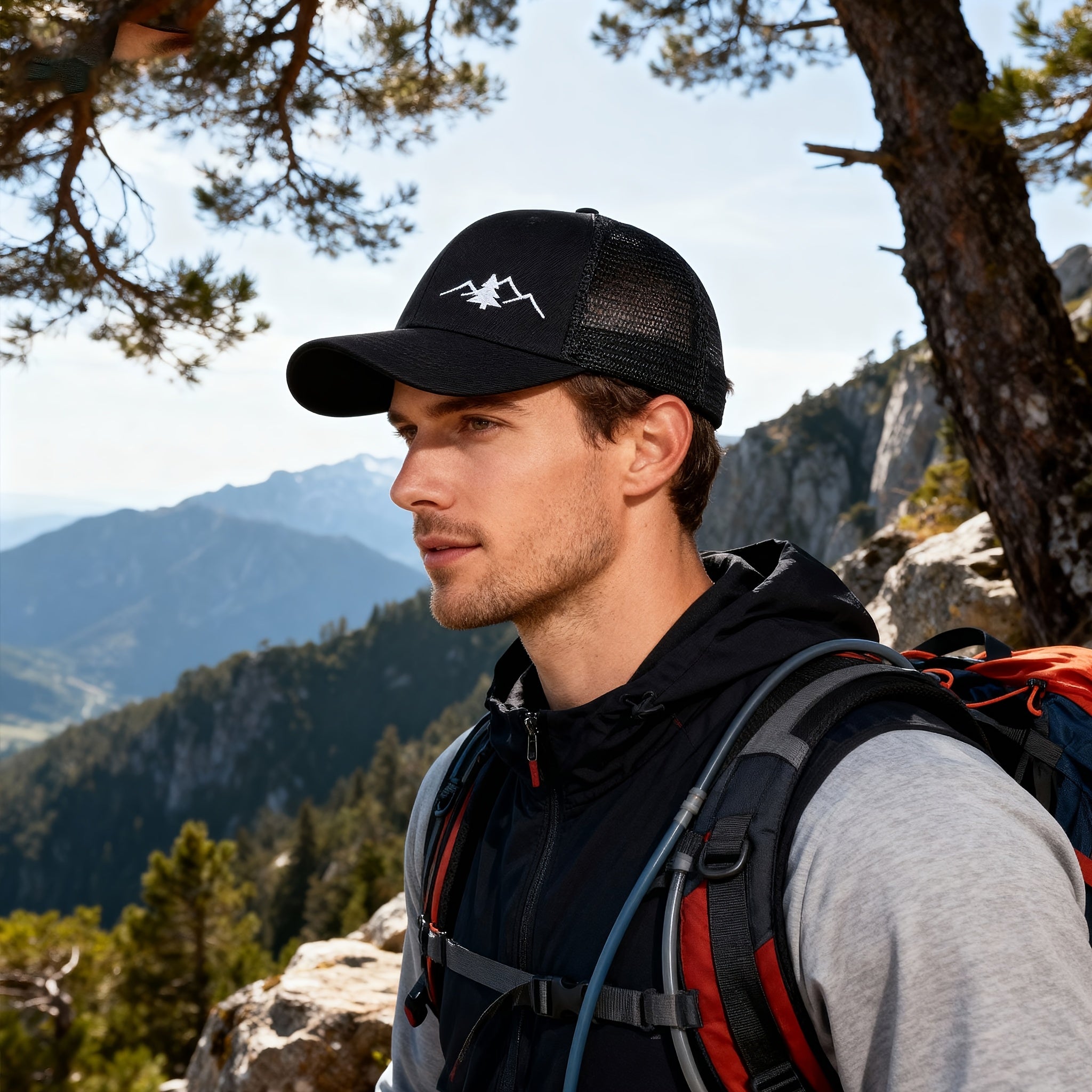 Vintage Pine Tree Embroidered Trucker Cap, Retro Washed Mesh Hat, Outdoor Forest Style Baseball Cap for Men and Women