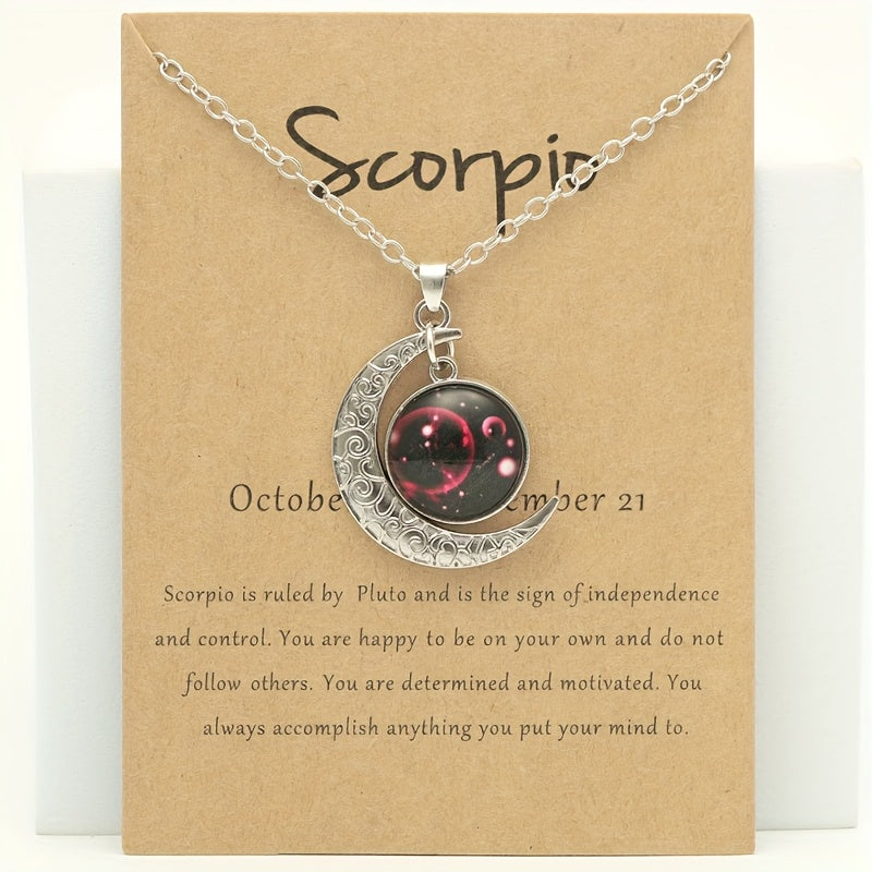 Glow-in-the-Dark Zodiac Necklace with Vintage Moon Pendant - Stylish Aquarius/Sagittarius/Leo/Leprechaun/Night & Sun Signs, Colorful Glass Charms, Zinc Alloy, Perfect Gift for Men
