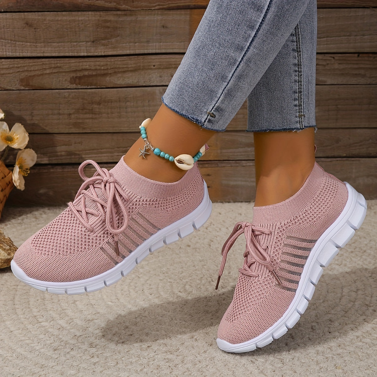 Women's Knitted Sports Shoes, Breathable & Lightweight Low Top Running Sneakers, Casual Outdoor Gym Jogging Trainers Plus Size
