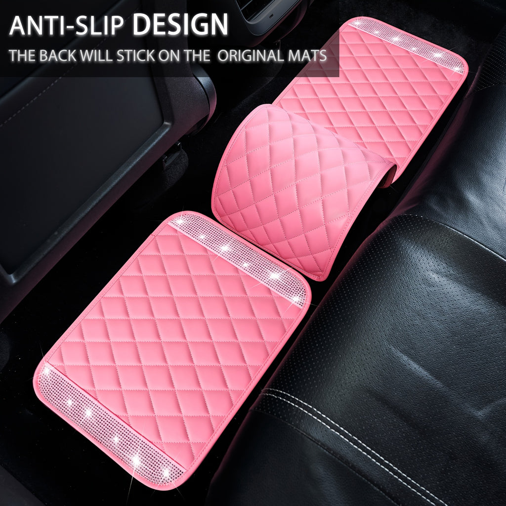Bling PU Leather Car Mats Shining Diamond Floor Mats Crystal Rhinestone Sparkly Glitter Carpet Anti-Slip Waterproof Pad Universal Fit Automotive SUV, Sedan, Van, 5pcs Girl Women, Pink