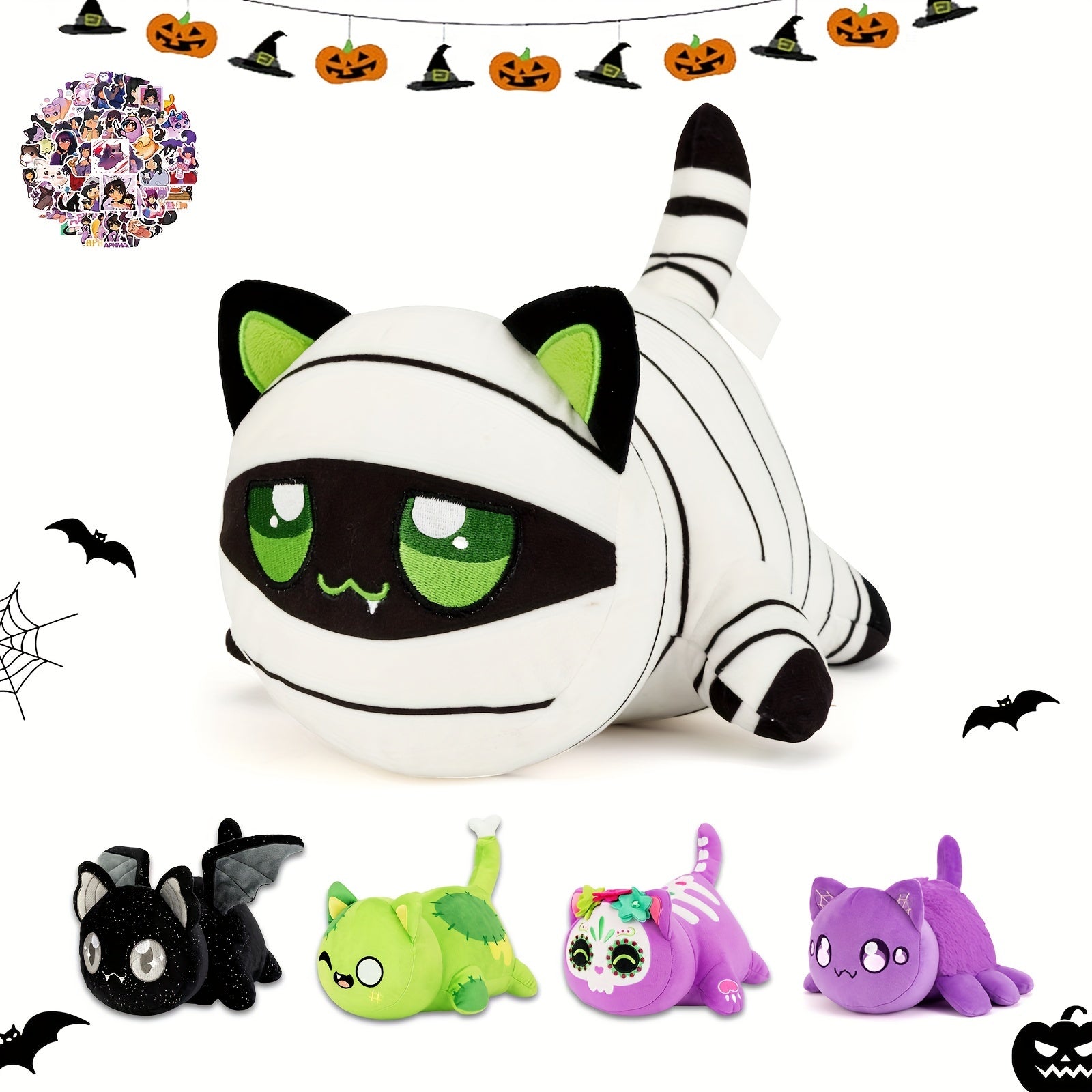 Mee-Meows Collection: Festive Cat Plush Toys - Bat, Spider, Mummy, Purple Sugar Skull, Zombie, and More - Great Gift for Kids & Fans - Ages 0-3