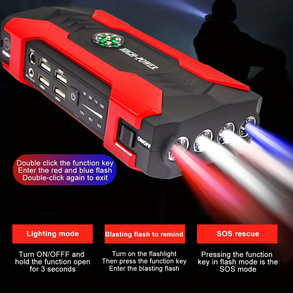 Portable 12V Car Jump Starter - LED Flashlight Emergency Power Battery Booster for Automotive, Motorcycle, Trucks, SUV - Compact, Rechargeable, Multi-Functional, and Safe