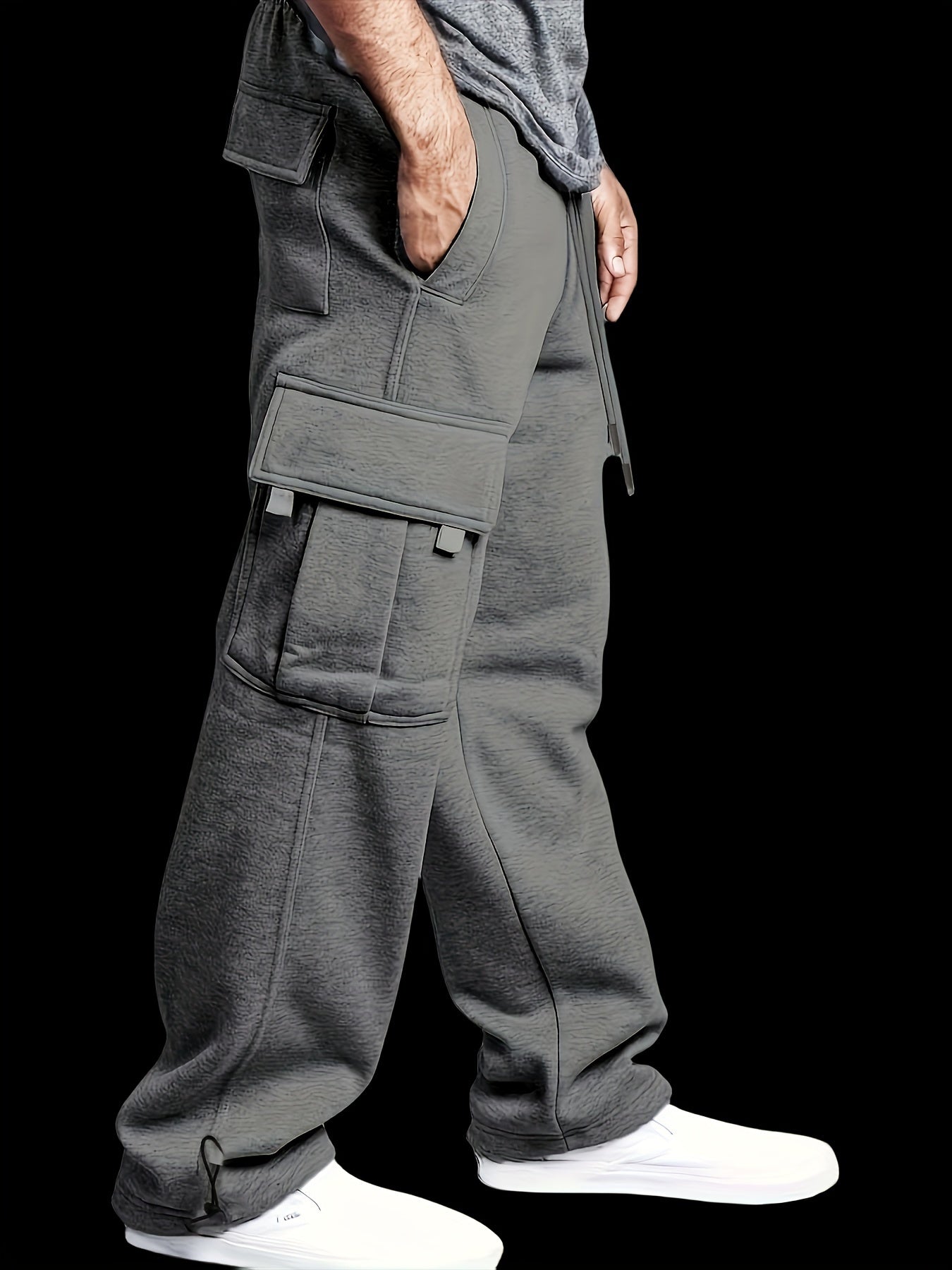 Men's Fleece-Lined Cargo Pants - Thick, Loose Fit for Winter Sports & Outdoor Activities, Gray with Multiple Pockets & Drawstring Waist, Polyester Knit Fabric, Street Style Joggers