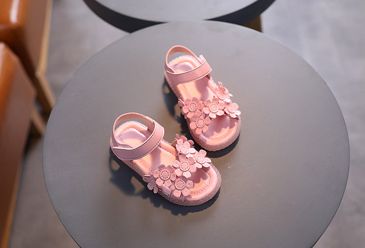 Baby Girls Cute Casual Sandals With Flower Decoration, Non-slip Soft Sole Slip-on Hook And Loop Fastener Shoes For Summer