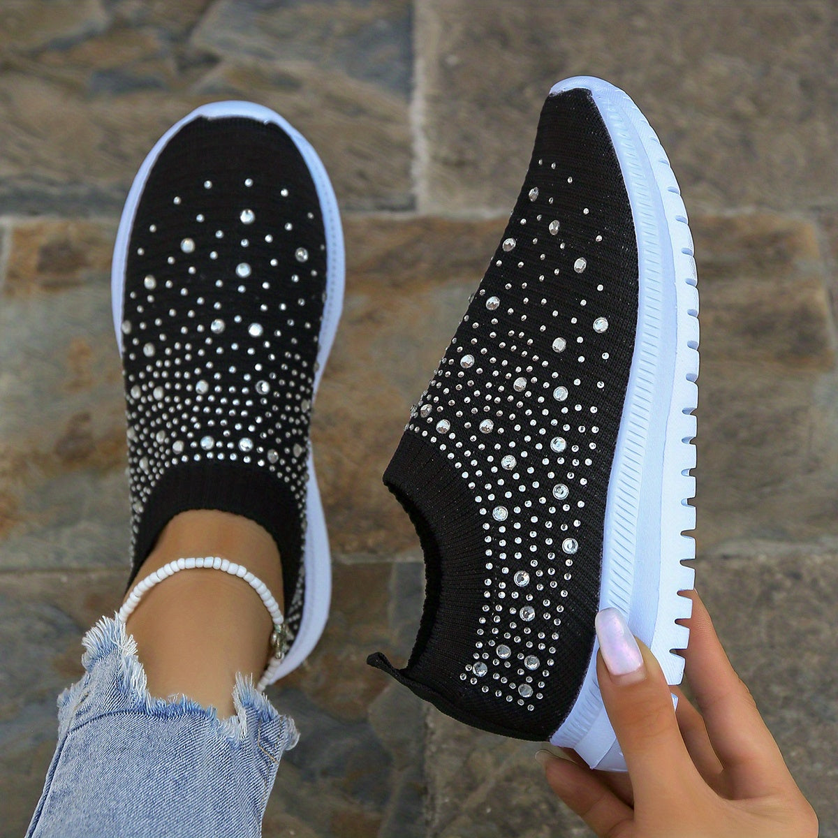 Women's Rhinestone Decor Slip-on Sneakers, Fly Woven Sports Shoes, Breathable Low Top Walking Shoes For Music Festival