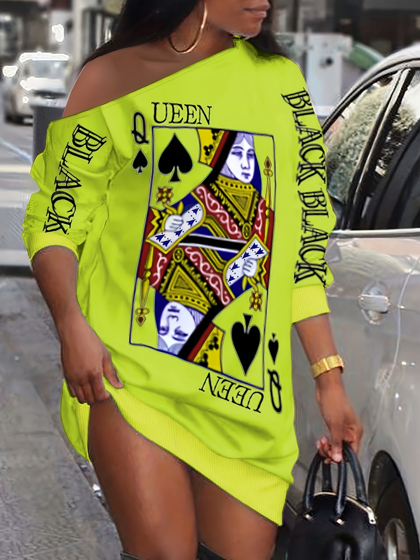 Slant Shoulder Queen Poker Print Dress, Long Sleeve Casual Dress For Fall & Spring, Women's Clothing