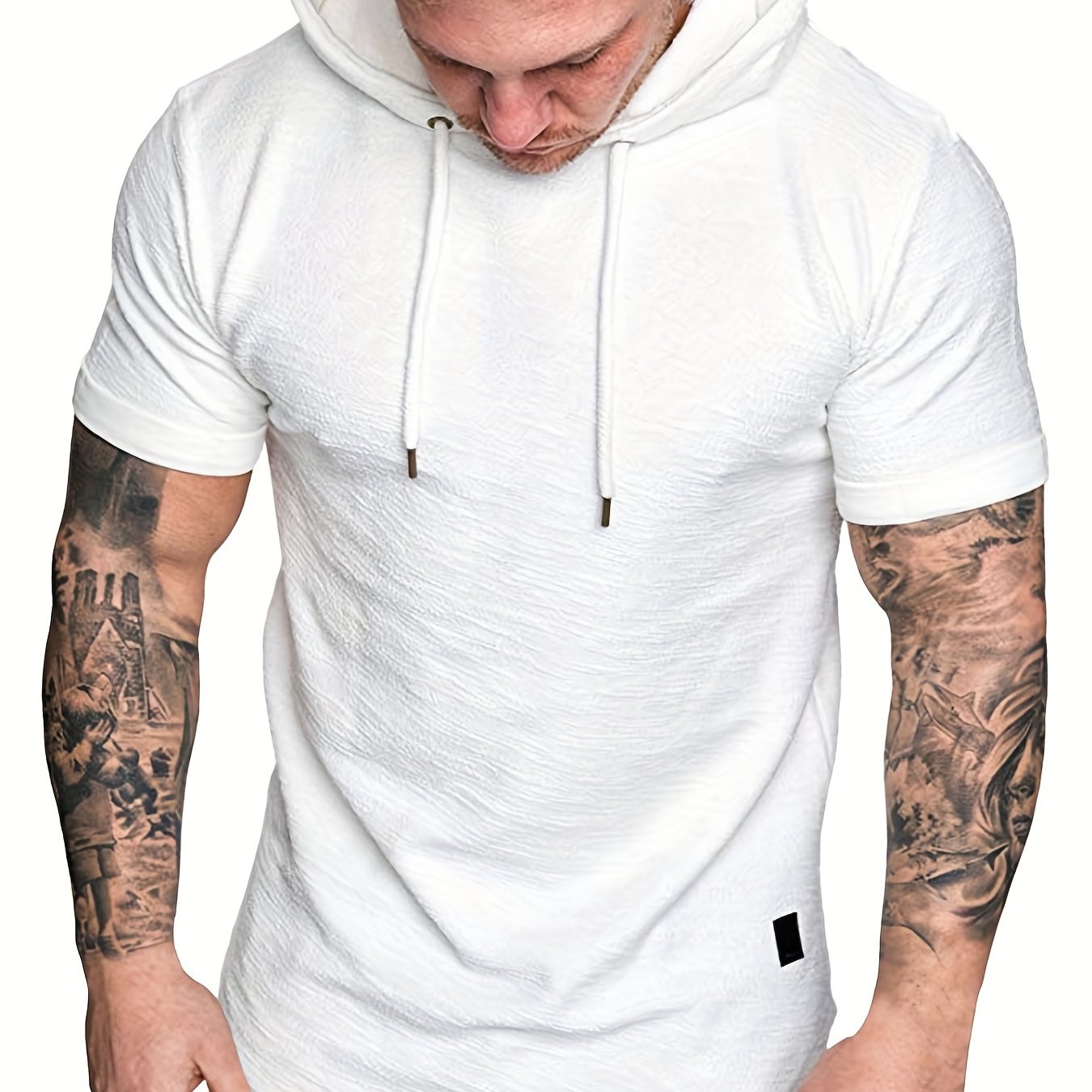 Comfort-Fit Men's Short Sleeve Hoodie - Breathable Knit, Solid Color, Durable & Easy-Care Sports T-shirt