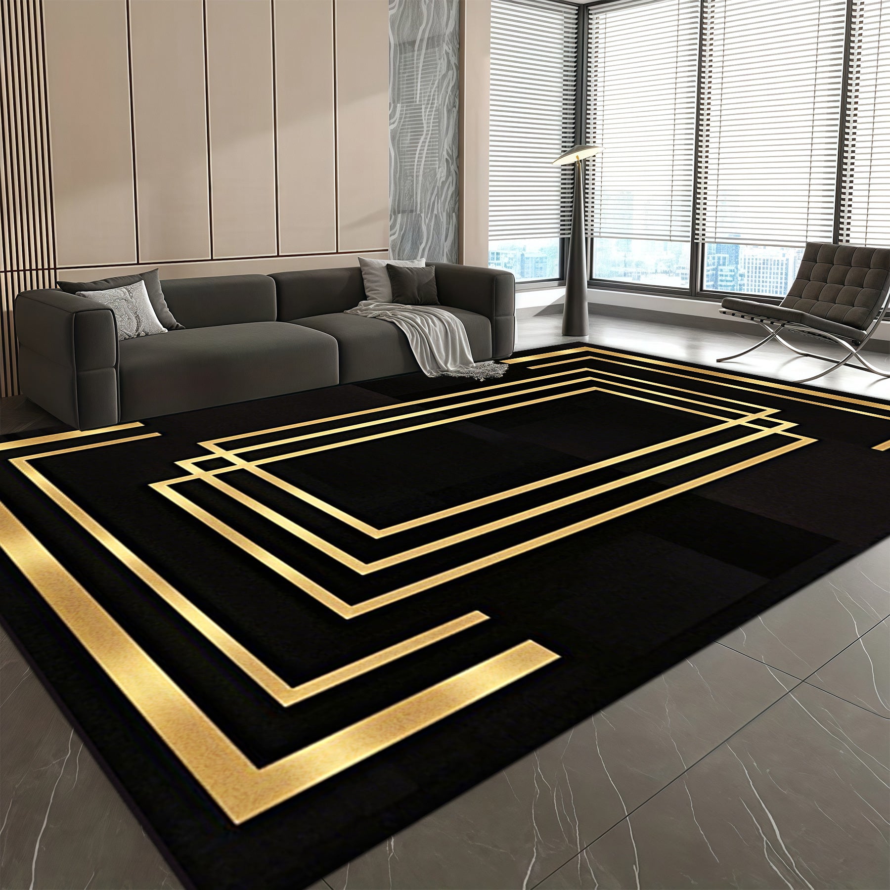 Luxurious Black Velvet Area Mat with Golden Geometric Design - Machine Washable, Non-Slip, Thick & Durable for Living Room, Bedroom, Entryway - Elegant Home Decor, Rugs for Living Room