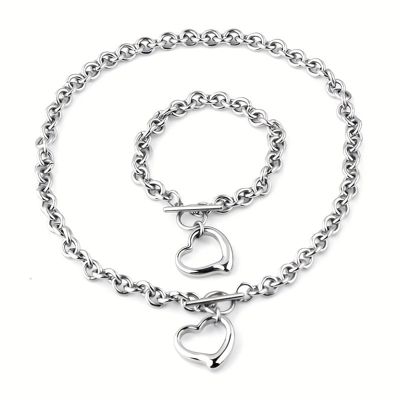 1 Set Exquisite Titanium Steel Stainless Steel Hollow Heart-Shaped Peach Heart Necklace and Bracelet Set - Silver Plated
