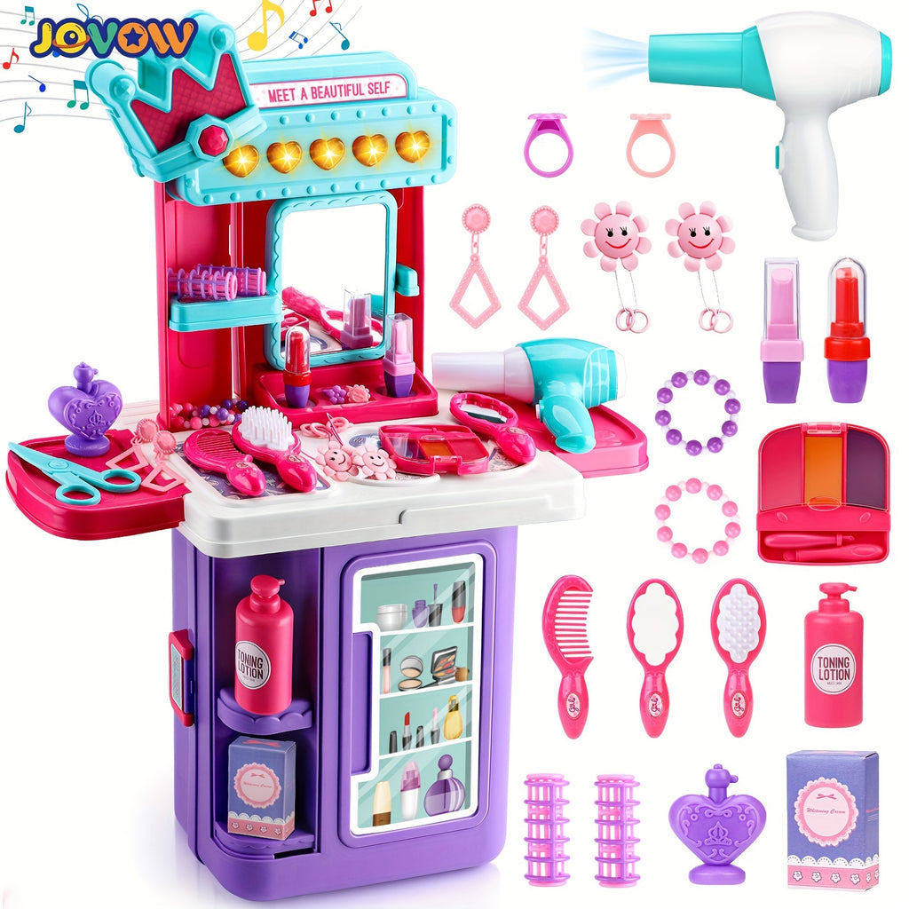 Jovow, Children's Dressing Table Set, 2-in-1 Dressing Table Luggage Trolley Box, Girl Pretending Makeup Toys, Princess Games, Lights And Music, Simulated Hair Dryer Lipstick, Halloween Christmas Gifts