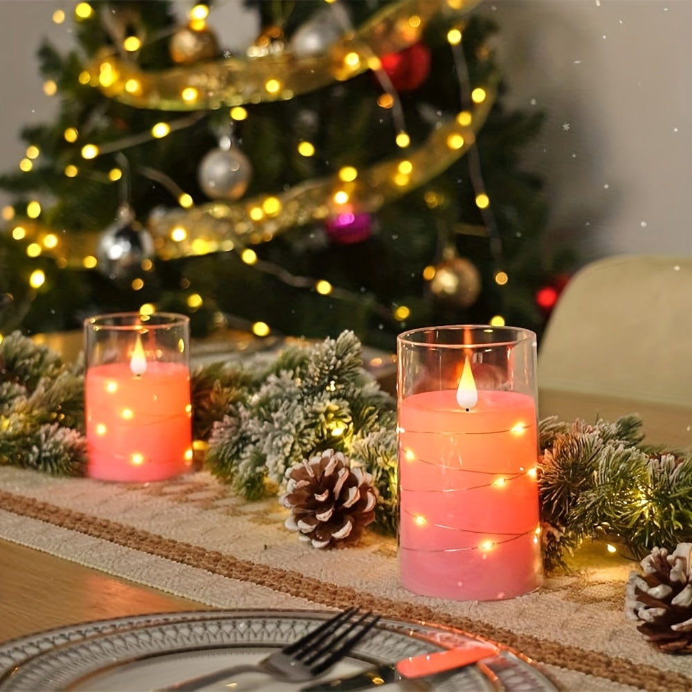 [Romantic Flameless LED Candles] 3pcs Realistic Flameless LED Candles with Remote & String Lights - 2D Flat, Battery Operated Flameless Candle Lights, Pink Table Centerpieces for Wedding, Christmas, Valentine's, Party Decor -