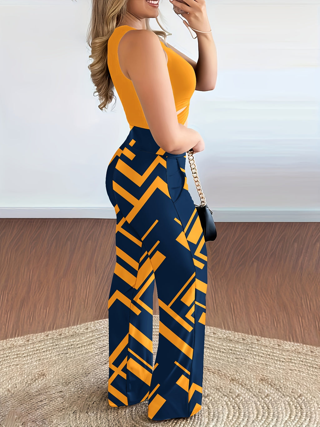 Casual Two-piece Pants Set, Crop Tank Top & Geo Print Pants Outfits, Women's Clothing