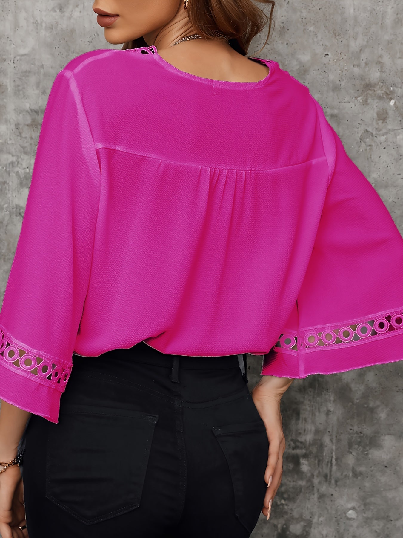 Vibrant 3/4 Sleeve V Neck T-Shirt - Soft Slight Stretch Polyester Fabric, Casual Solid Color Design for Spring & Summer - Regular Length, No Printing, Micro Elasticity, and Woven Construction