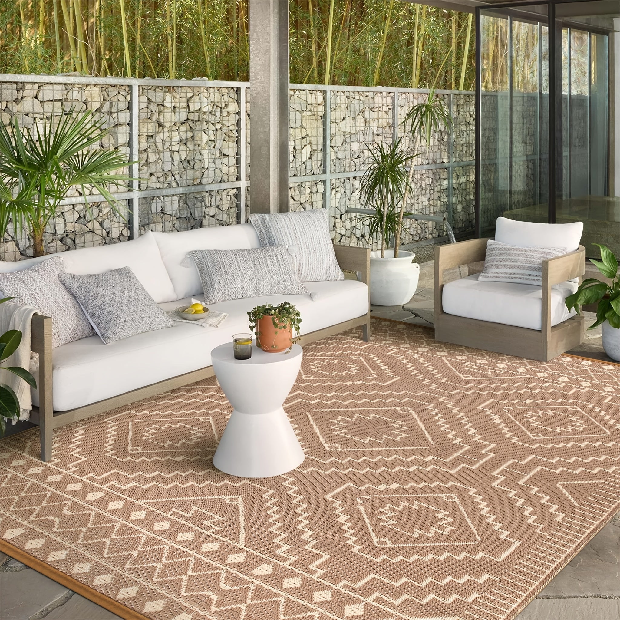 Large Outdoor Mat – Reversible Lightweight Straw Area Mat with Geometric Black & Beige Pattern for RV, Camping, Beach, and Patio Decor, Outdoor Rugs