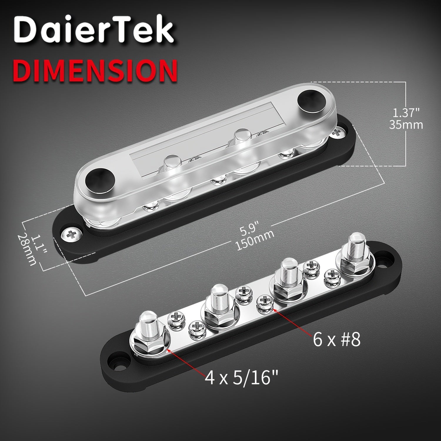 12V Bus Bar Terminal Block 4 x 5/16" (M8) Terminal Stud 6 x #8 (M4) Screw Terminal Positive & Ground Power Distribution Block With Cover Marine Battery Bus Bar For Automotive Car Boat