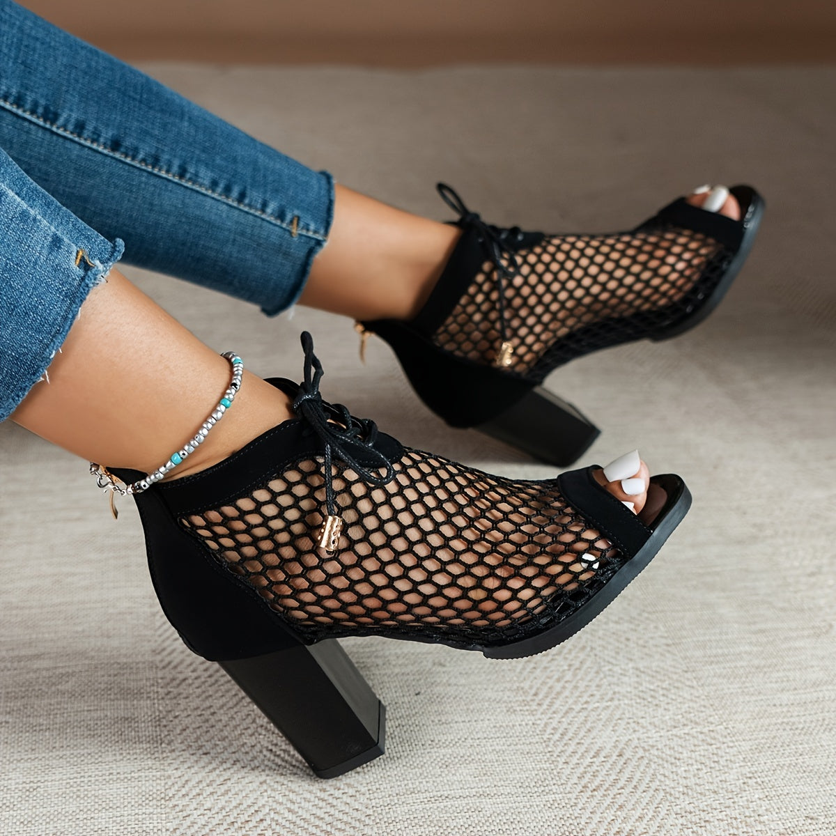 Women's Leopard Print Mesh Block High Heels, Fashion Peep Toe Lace Up & Back Zipper Sandals, Sexy Dress Shoes