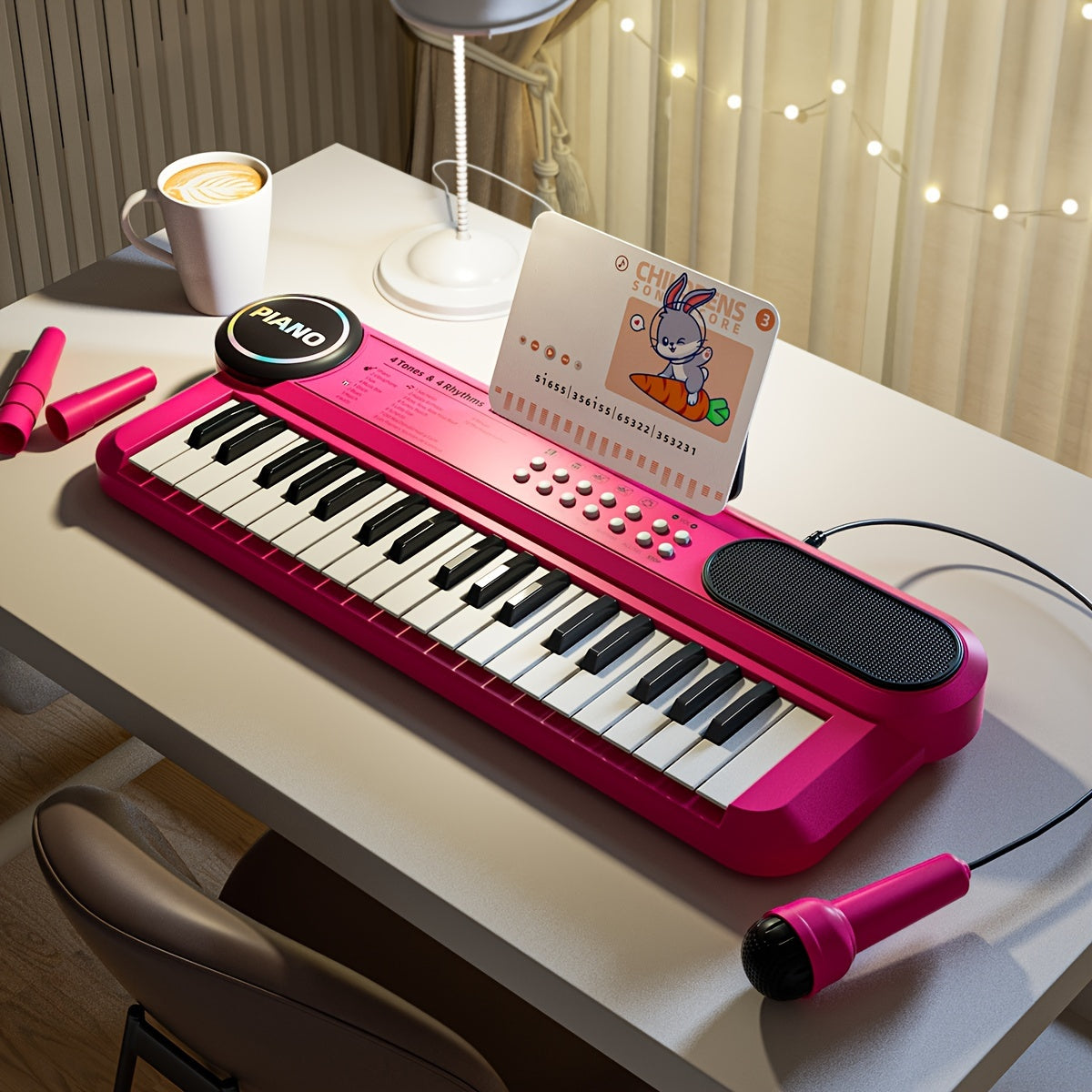 Youngsters Piano Keyboard Toys, 37 Keys Youngsters Piano Music Instruments Toy with Microphone, Pink Blue Piano Multipie Sounds, Stickers, Birthday Gifts for Boys and Girls