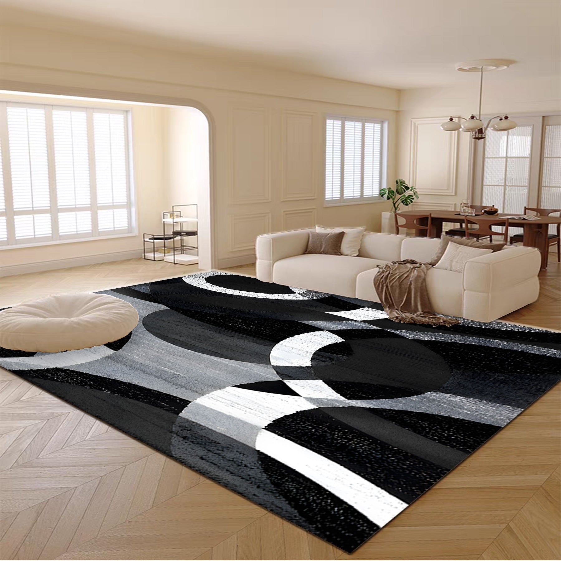 850gsm Velvet Area Mat - Modern Abstract Black & White Circular Pattern, Machine Washable Non-Slip Thick Pile, Ultra-Soft Durable Mat for Living Room Bedroom Entryway, Contemporary Home Decor, Large Area Rugs Living Room, Ent