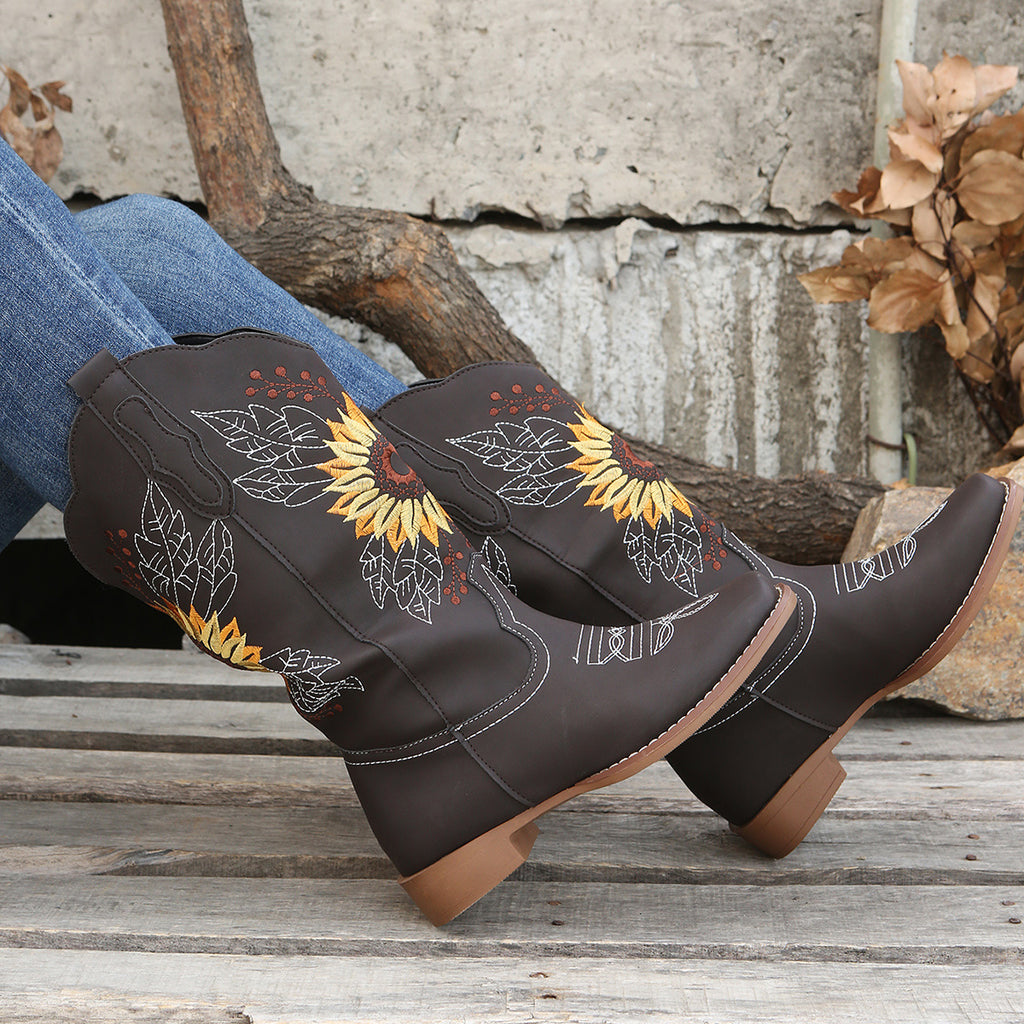 Women's Embroidered Mid Calf Western Boots, Faux Leather Fashion Boots, Women's Footwear