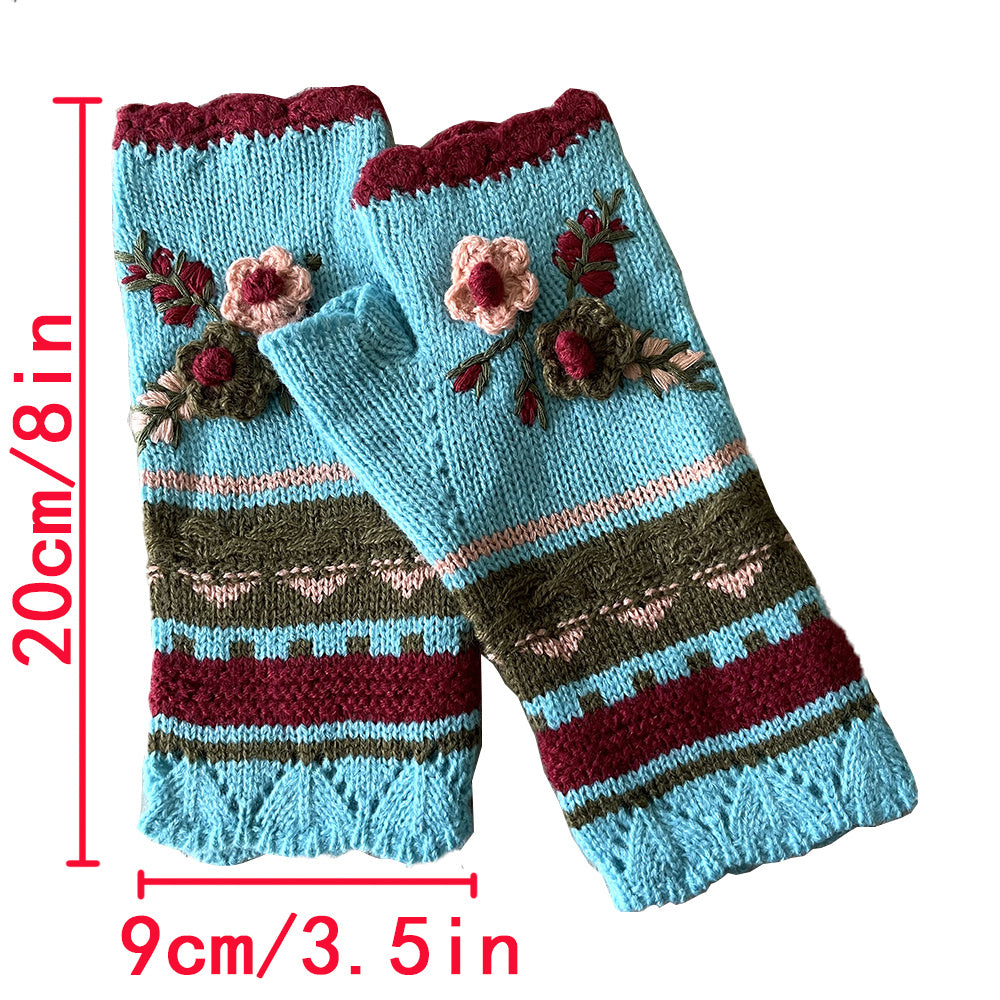 Autumn and Winter Women's Fingerless Floral Warm Hand Hook Gloves Pair