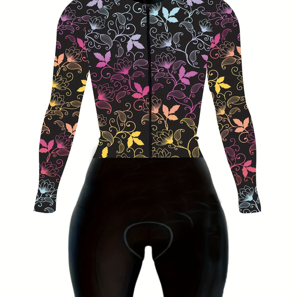 Plus Size Sports Jumpsuit, Women's Plus Colorful Leaf Graphic Long Sleeve Zip Up Biker Fitness Jumpsuit