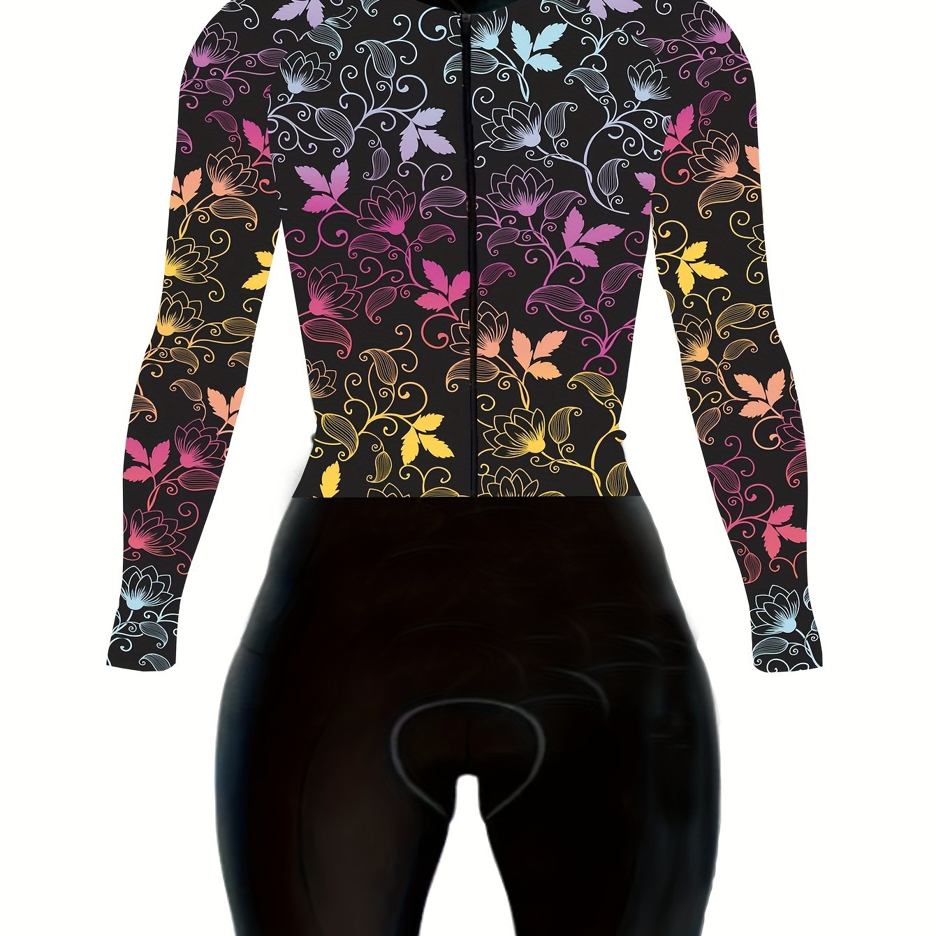 Plus Size Sports Jumpsuit, Women's Plus Colorful Leaf Graphic Long Sleeve Zip Up Biker Fitness Jumpsuit
