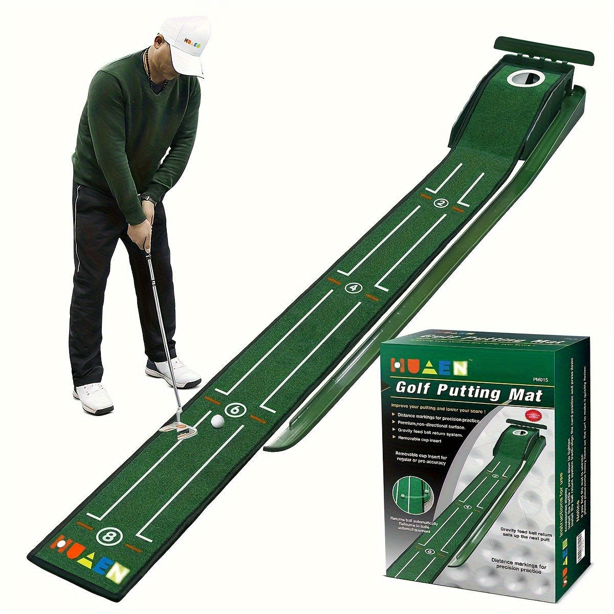 [Golf Putting Mat] HUAEN 8ft Golf Putting Mat with Alignment Guides -