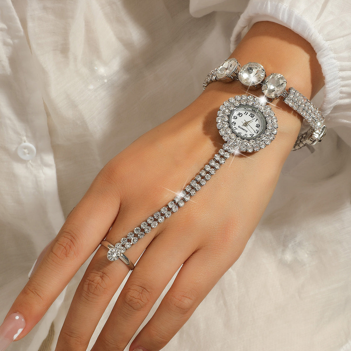Sparkling Rhinestone Tassel Watch Bracelet - Timeless Round Glass Dial for Women - Elegant Dress-Up Essential with Glamorous Charm