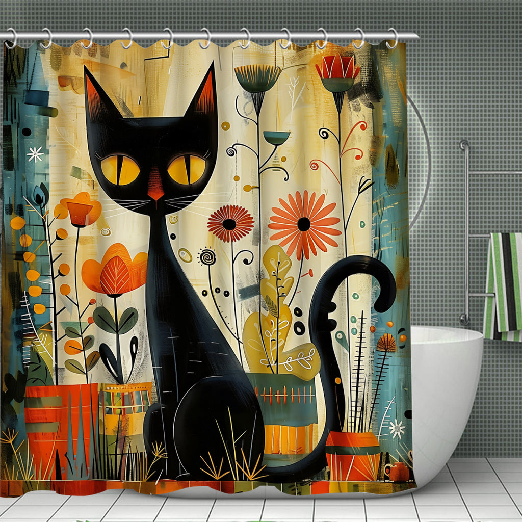 4pcs Black Cat Arts Theme Bathroom Set, Water-Resistant Polyester Shower Curtain with Non-Slip Rugs and Hooks, Woven Knit Fabric, All-Season Decor, Easy Wipe Clean