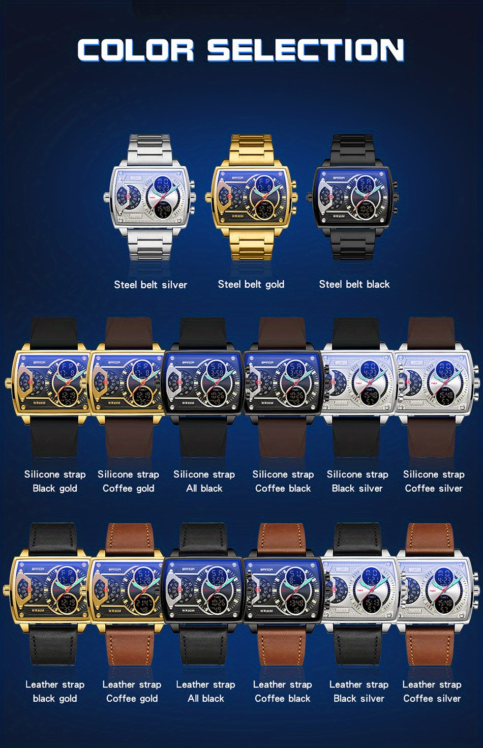Large Dial Multi Time Zone Men's Watch, Square Dual Display Multifunctional Sports Watch with Dual Time Zone, Date, Alarm, and Stopwatch Functions